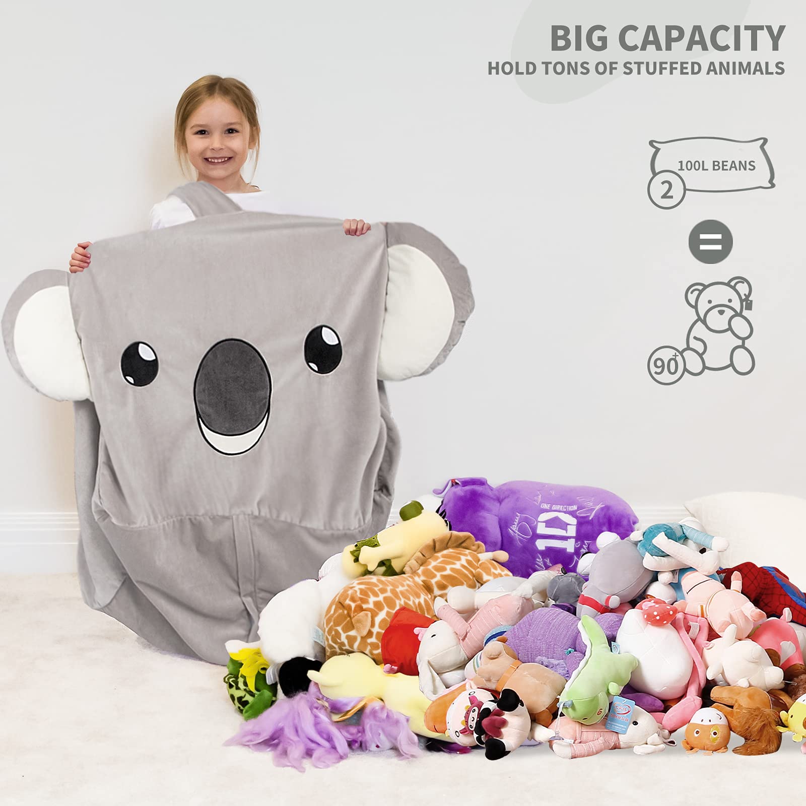 Aubliss Stuffed Animal Storage Bean Bag Chairs for Kids, Velvet Extra Soft Beanbag Chair Cover, X-Large Stuffable Zipper Bean Bag for Organizing Plush Toys Boys Girls, Koala