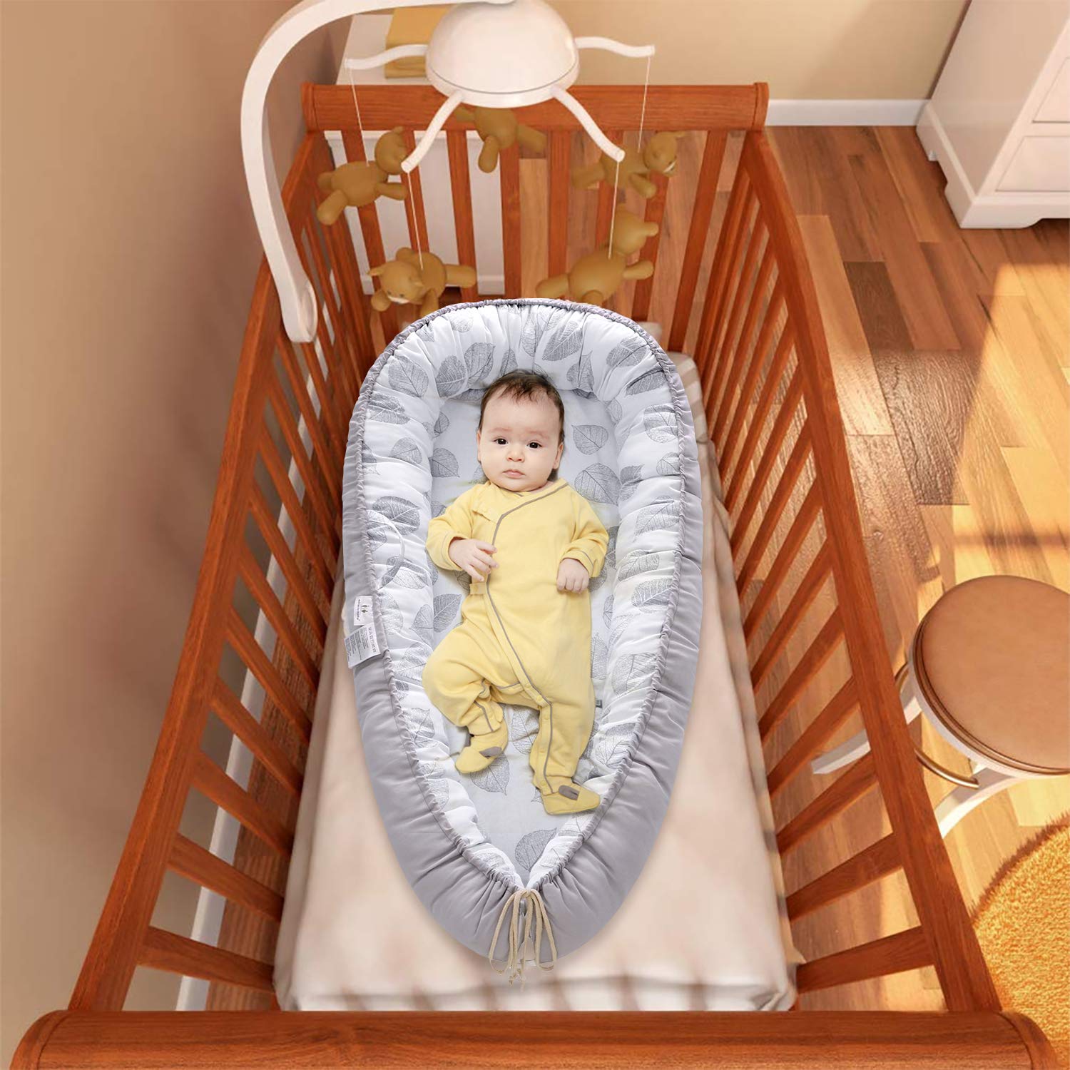 Baby Lounger, Baby Lounger Cosleeper and Baby Nest, Portable 100% Organic Soft Cotton Baby Loungers Pillow Crib, Machine Washable Breathable Newborn Lounger Baby Nest for Cosleeping (Grey Leaf): Baby