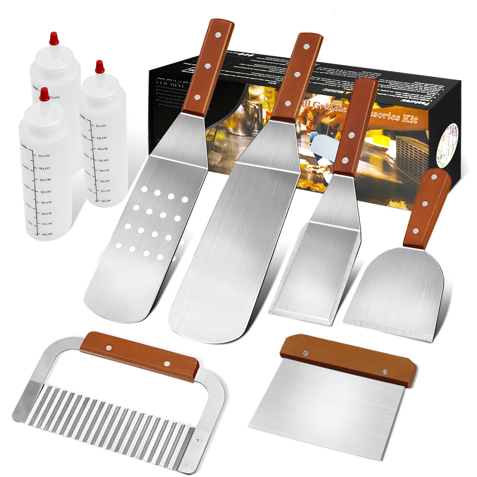 MAIKEHIGH Grill Griddle Accessories Kit - 9Pcs Professional Heavy Duty Stainless Steel Griddle Spatula & Scraper BBQ Tool Set Barbecue Grilling Utensils for Flat Top Cooking Tailgating