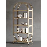 Kogven Bookshelf Arched Bookcase, Industrial 5 Tier Open Book Shelves with Metal Frame, 72" Tall Freestanding Display Rack for Home Office, Living Room,Nature Wood and Gold
