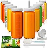 Ruckae 16oz 10 Pack Glass Juice Bottles with Dual Scale, Reusable Glass Bottles with Hole Lids and Straws Mason Jar for Juicing, Smoothies, Kombucha - Water Bottle for Fridge or Gym (Transparent)