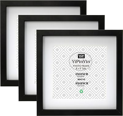 YiPinYin 8x8 Inch Photo Frame Set of 3 with Double Mounts 6x6 In Square Frames