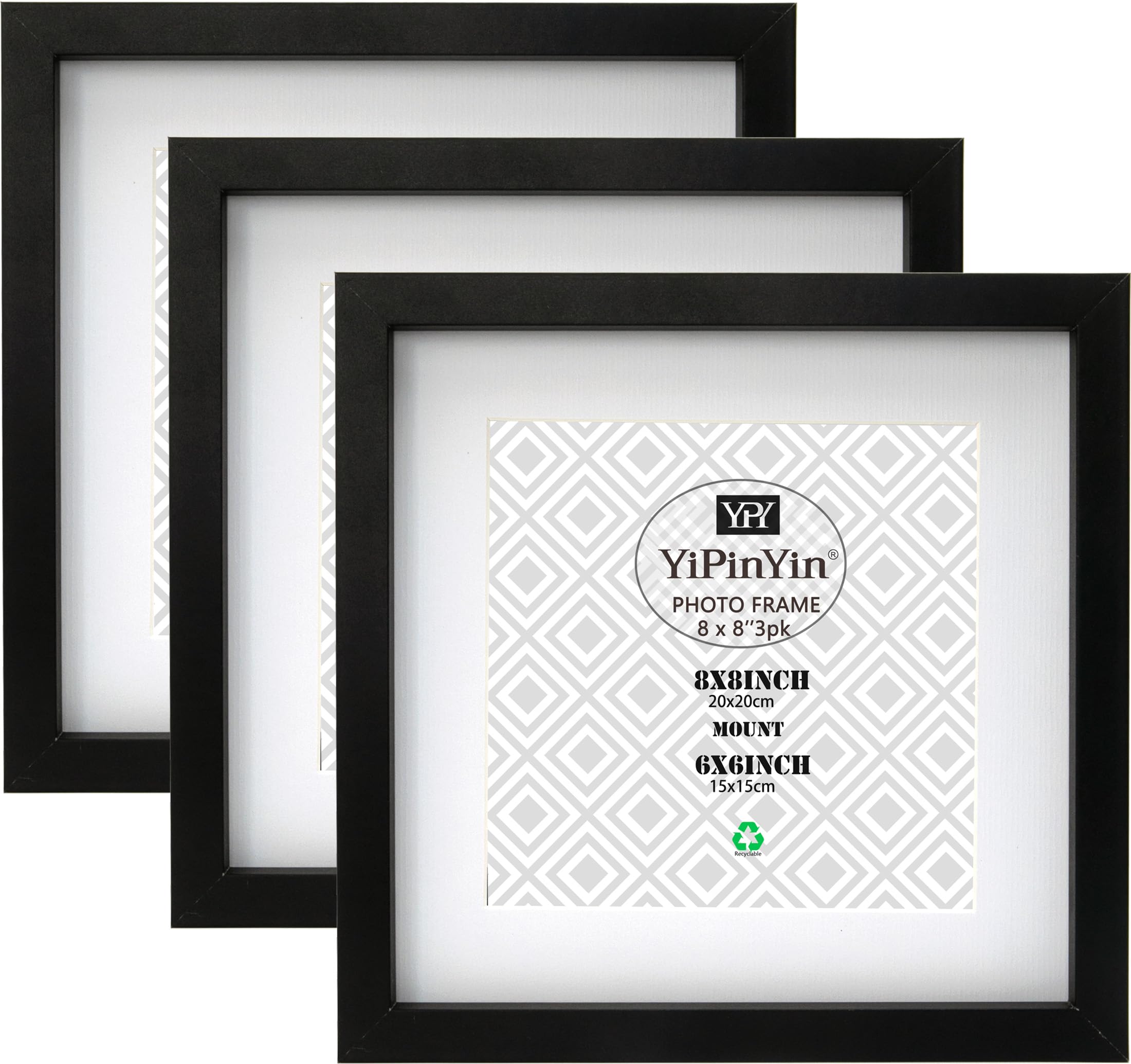 8 X 8 ''(20 x 20cm) Square Black Photo Frames Set Of 3 with double mounts for 6×6", 6 x 6'' (15 x 15cm )Picture Frames 3 Pack, 15x15cm Square photo frames With Perspex Window For Wallmounted & DeskTop