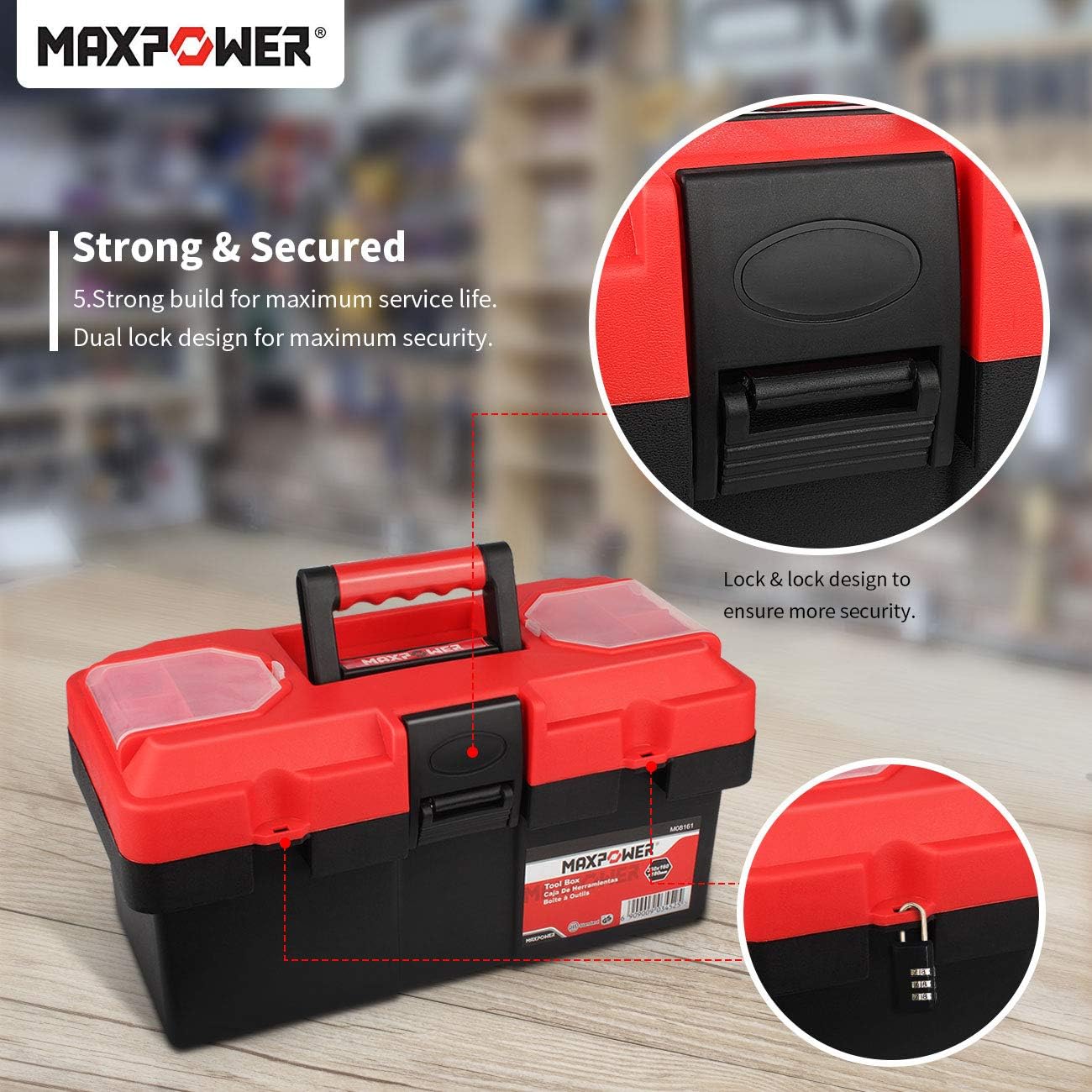 MAXPOWER Tool Box 14-inch Plastic Small Tool Boxes with Removable Tray with Dual Lock Secured, Red - - 
