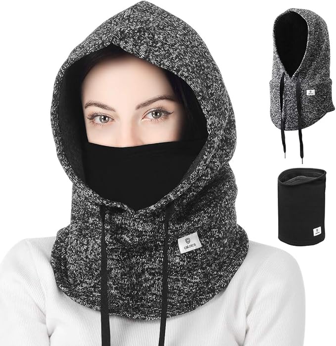 Amazon Caloics フードウォーマー ネックウォーマー セット クリスマスギフト プレゼント 防寒 レディース メンズ フェイスカバー 帽子 ニットキャップ 厚手 完全防寒 スノーボード スキー 防寒具 自転車 バイク 釣り 登山 フリーサイズ ブラック グレー C