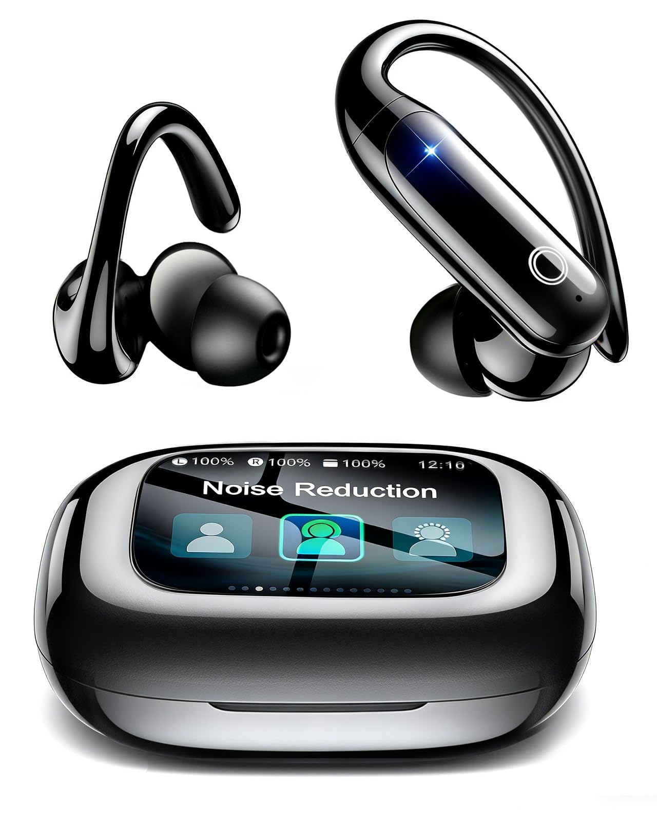 LEEMC Wireless Earbuds, Bluetooth Headphones 6.0, Ear Buds with Touch Screen, ANC ENC Noise Cancelling, 40H Bass Stereo Sound Over-Ear Earphones for iOS, Android, Sports, Workout, Onyx Image