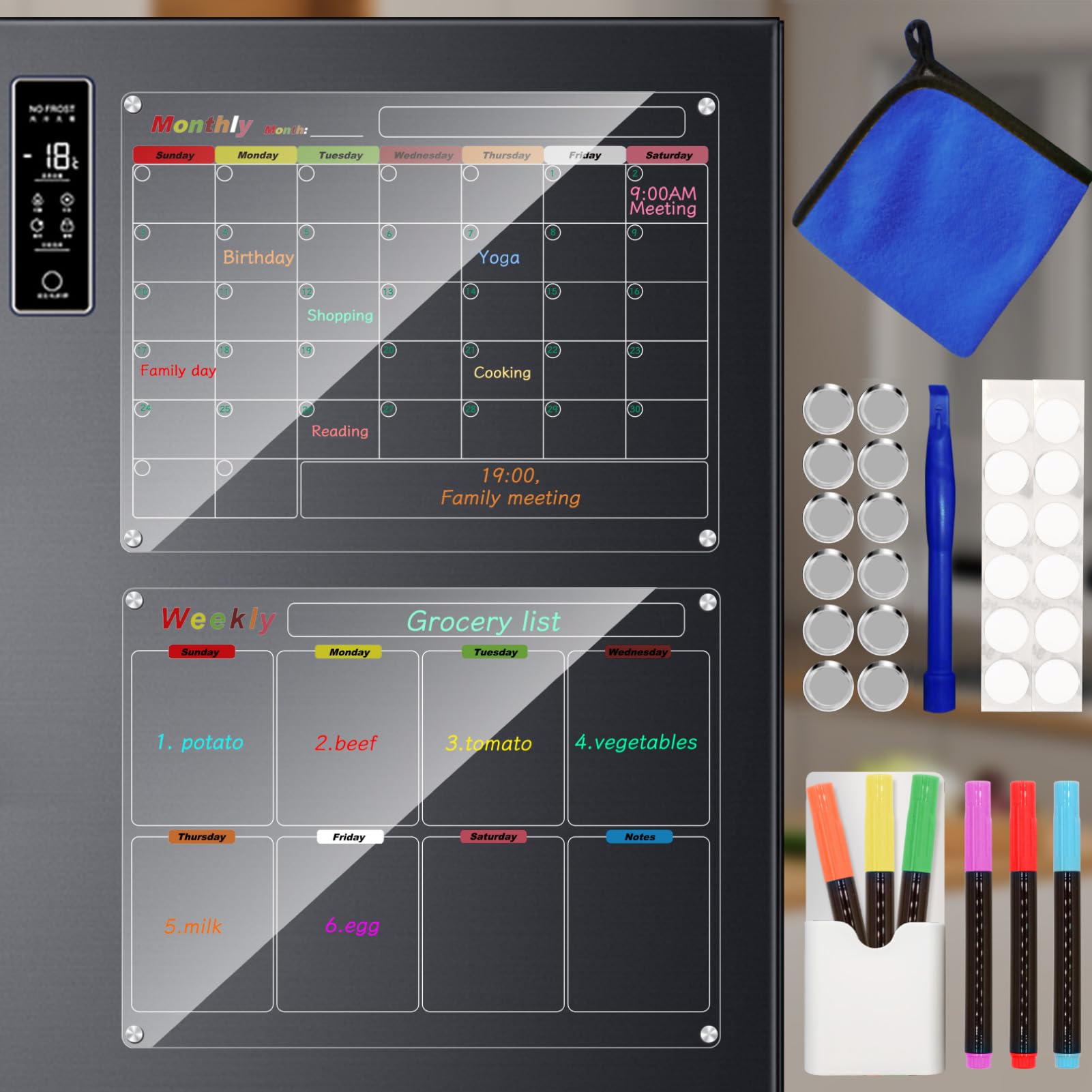 Bysameyee Fridge Calendar Meal Planning Board, Dry Erase Acrylic Magnetic Monthly Weekly Calendar Planner for Refrigerator with 6 Colors Markers (Transparent-Weekly+Monthly(15.7x11.8"))