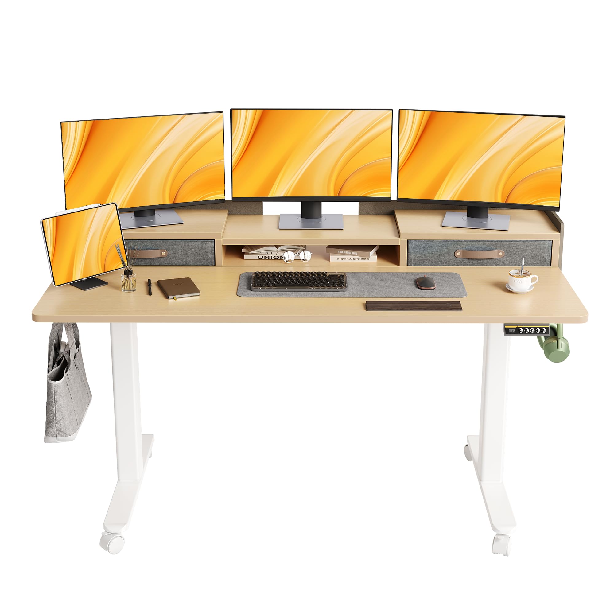 Claiks Standing Desk with Drawers, Adjustable Stand Up Electric Standing Desk Adjustable Height with Storage Shelf and Splice Board, 59 Inch, Natural Image Claiks Standing Desk with Drawers, Adjustable Stand Up Electric Standing Desk Adjustable Height with Storage Shelf and Splice Board, 59 Inch, Natural Image