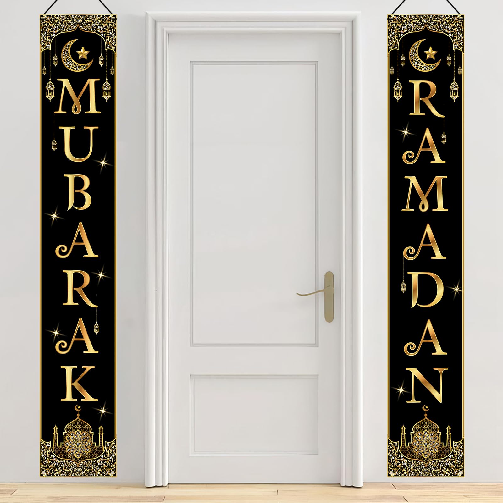 onehous Ramadan Mubarak Door Banner, Gold and Black Ramadan Decorations for Home, Ramadan Mubarak Welcome Porch Sign, Muslim Eid Mubarak Decorations Banner for Indoor and Outdoor