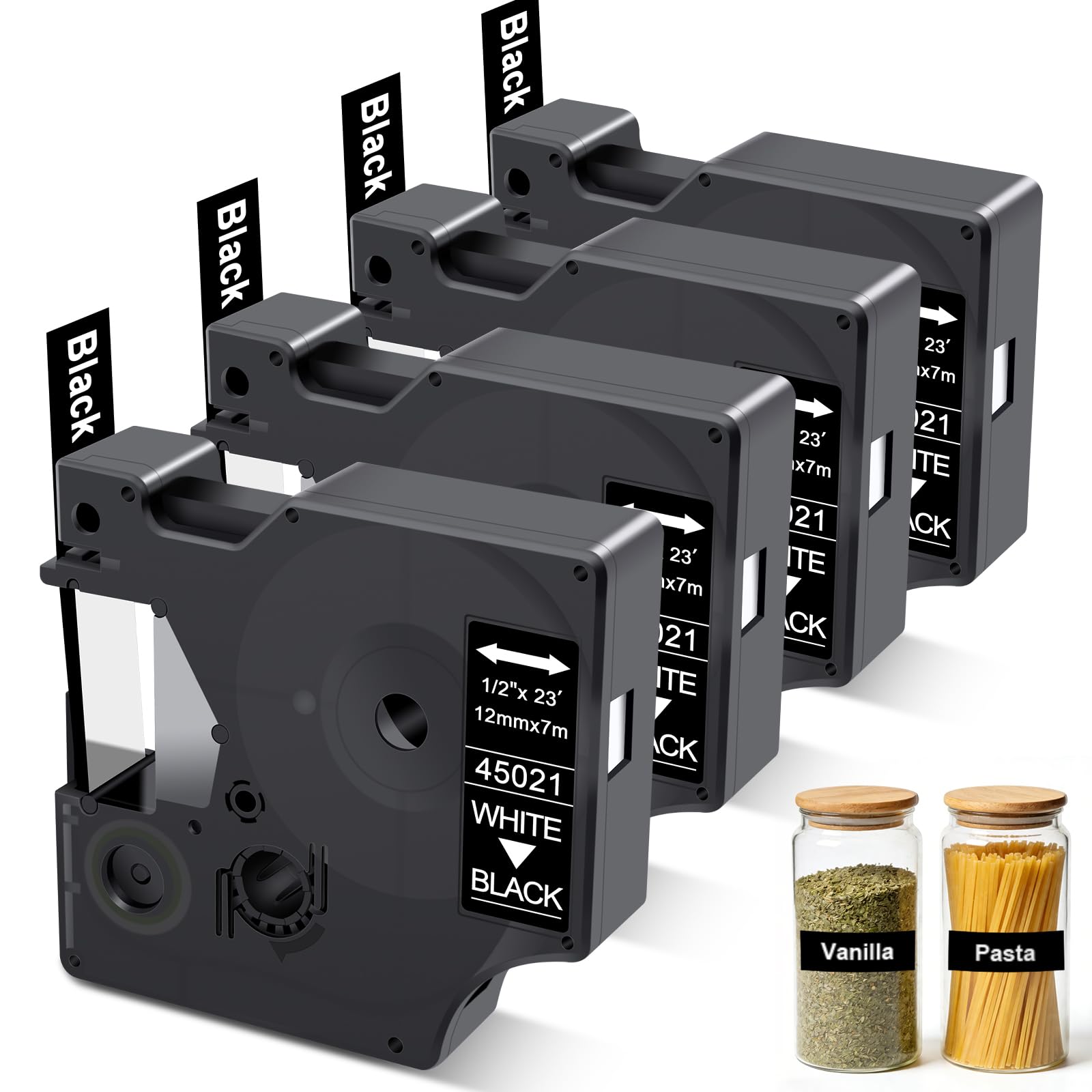 Compatible with Dymo D1 Label Black Tape 45021 – White on Black, Replace for Dymo Label Maker Refills 12mm x 7m, for LabelManager 160, 210D, 360D, 420P, 450D