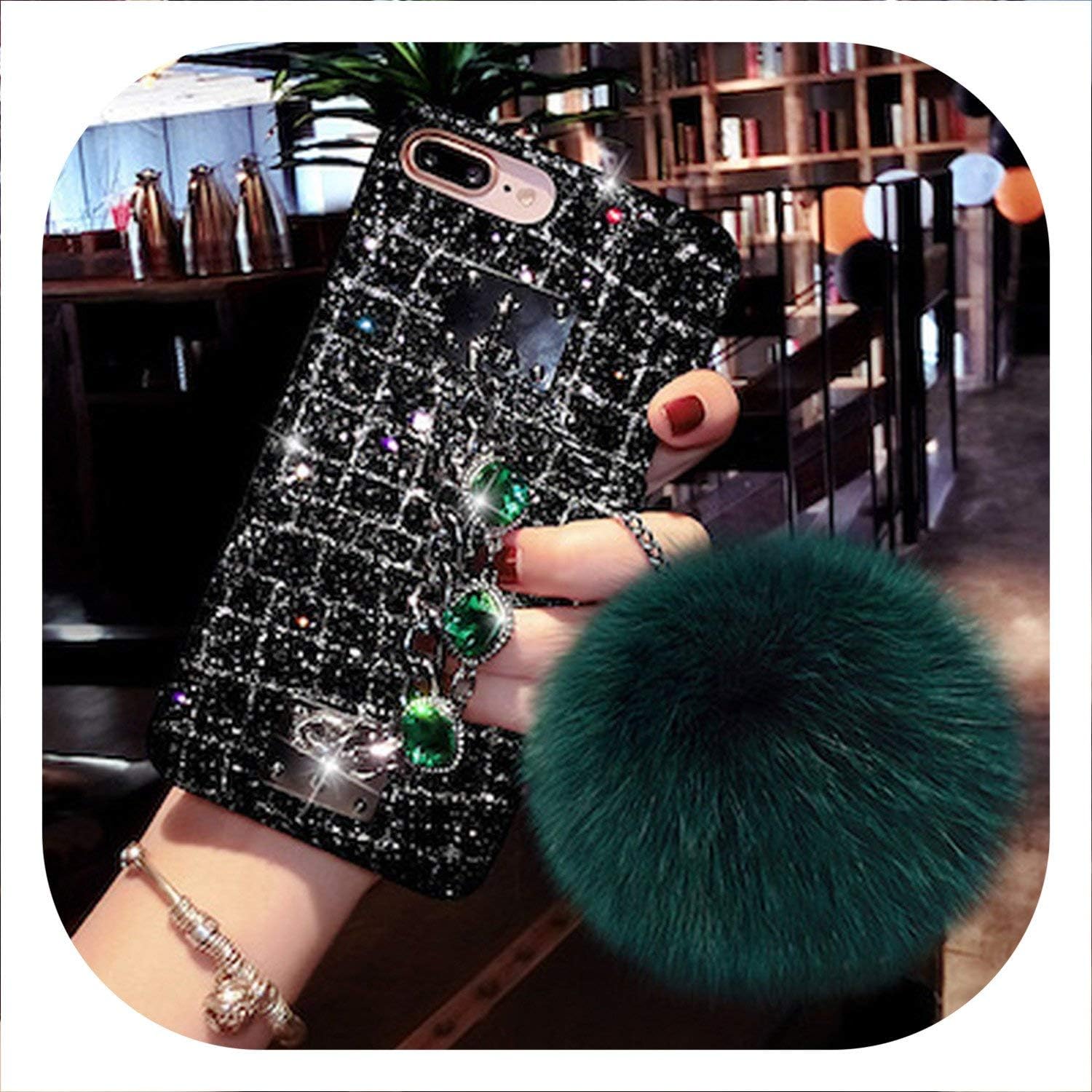 for Samsung Galaxy s8 s9 s10 Plus Note 8 9 Luxury Glitter Diamond Bracelet Chain Fox Soft Pompom Fur Ball Bling Phone case Cover,Silver line,for Galaxy note8