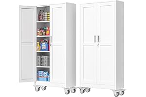 PAOFIN 71''H Tall Metal Garage Storage Cabinet with Wheels,Steel File Cabinets with 2 Doors and 4 Adjustable Shelves for Home Office, Warehouse, Required Assembly,White
