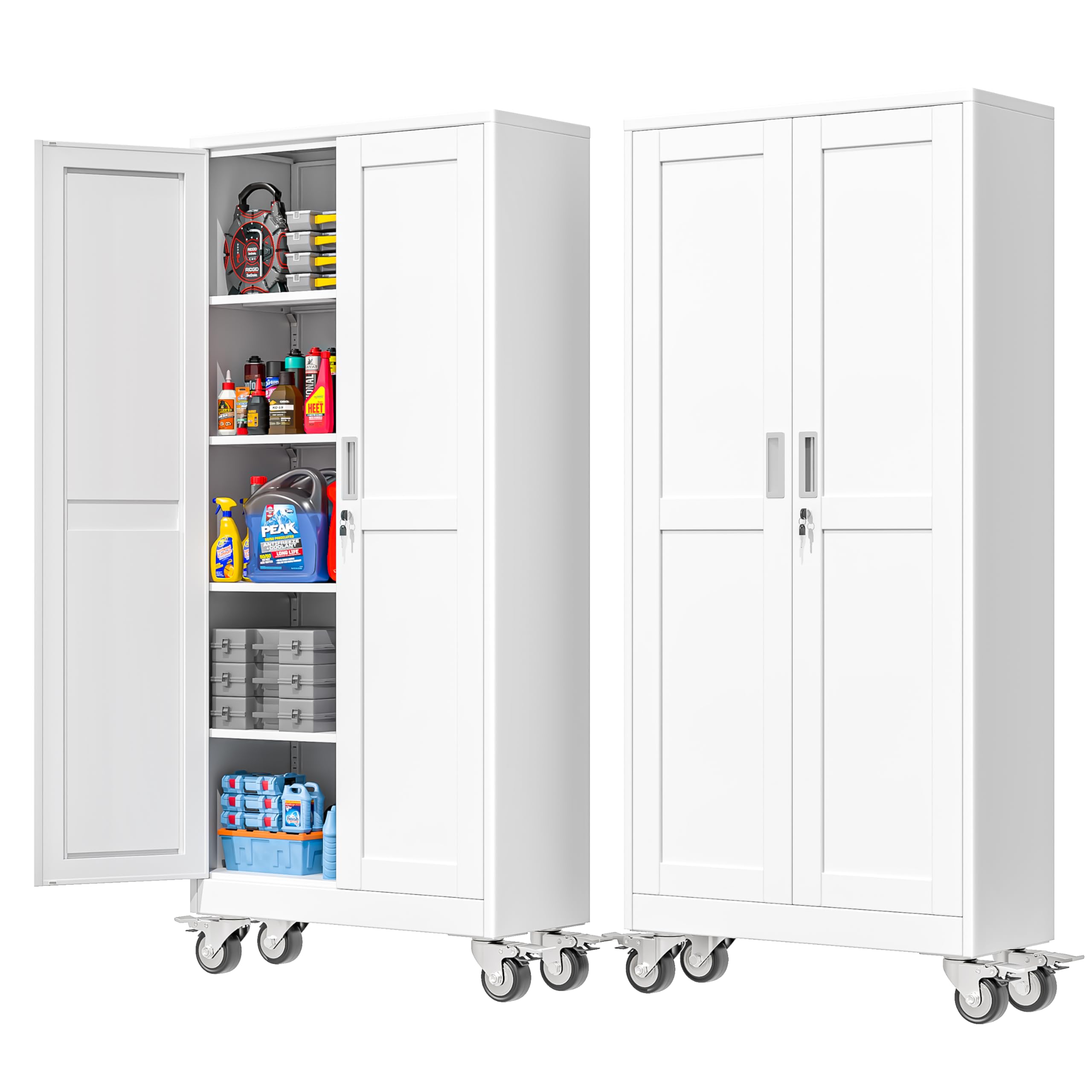 Photo 1 of ***SIMILAR ITEM/ NO WHEELS*** PAOFIN 71''H Tall Metal Garage Storage Cabinet with Wheels,Steel File Cabinets with 2 Doors and 4 Adjustable Shelves for Home Office, Warehouse, Required Assembly,White