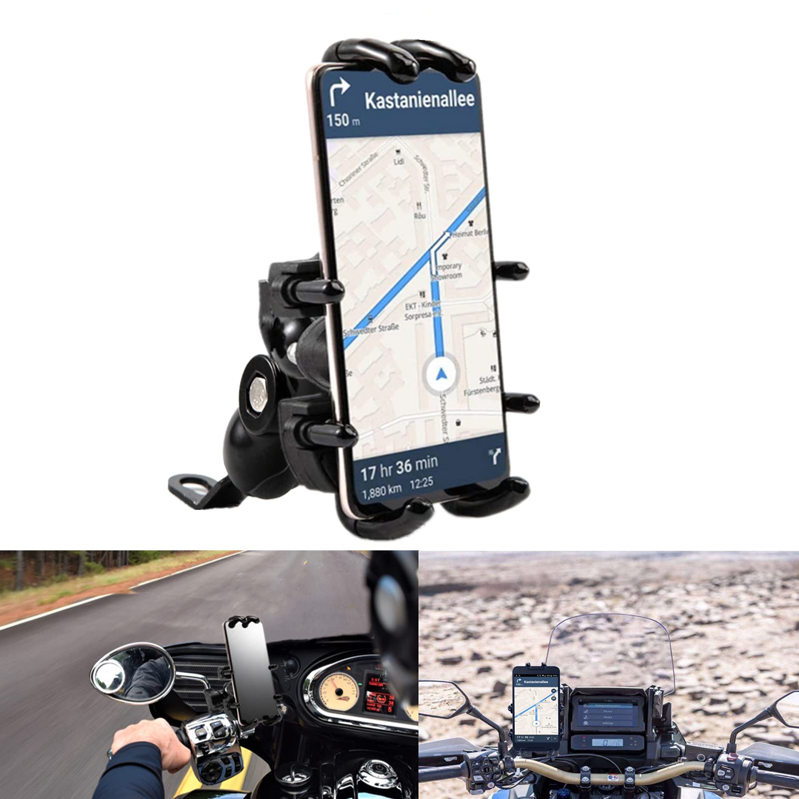Motorcycle Phone Holder for Rearview Mirror, Universal Motorcycle Phone Holder Made of Aluminium Alloy, 360 Rotation GPS Navigation Holder for 4-6.8 Inch Smartphones