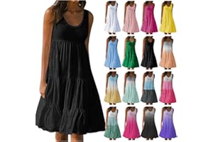 Olivcker Summer Dresses for Women 2024 Flowy Sleeveless Sundresses Casual Solid Tiered Dress A Line Beach Vacation Sun Dress