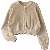 MakeMeChic Girl's Fuzzy Cardigans Button Down Long Sleeve Crew Neck Cropped Cardigan Sweater