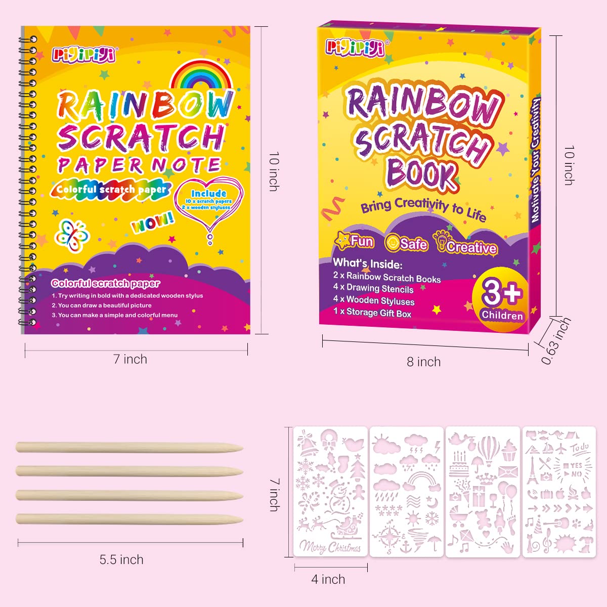 pigipigi Rainbow Scratch Paper for Kids - 2 Pack Large Scratch Off Notebooks Arts Crafts Supplies Kits Drawing Paper Black Magic Sheets Scratch Pad Activity Toy for Girls Boys Christmas Birthday Gift