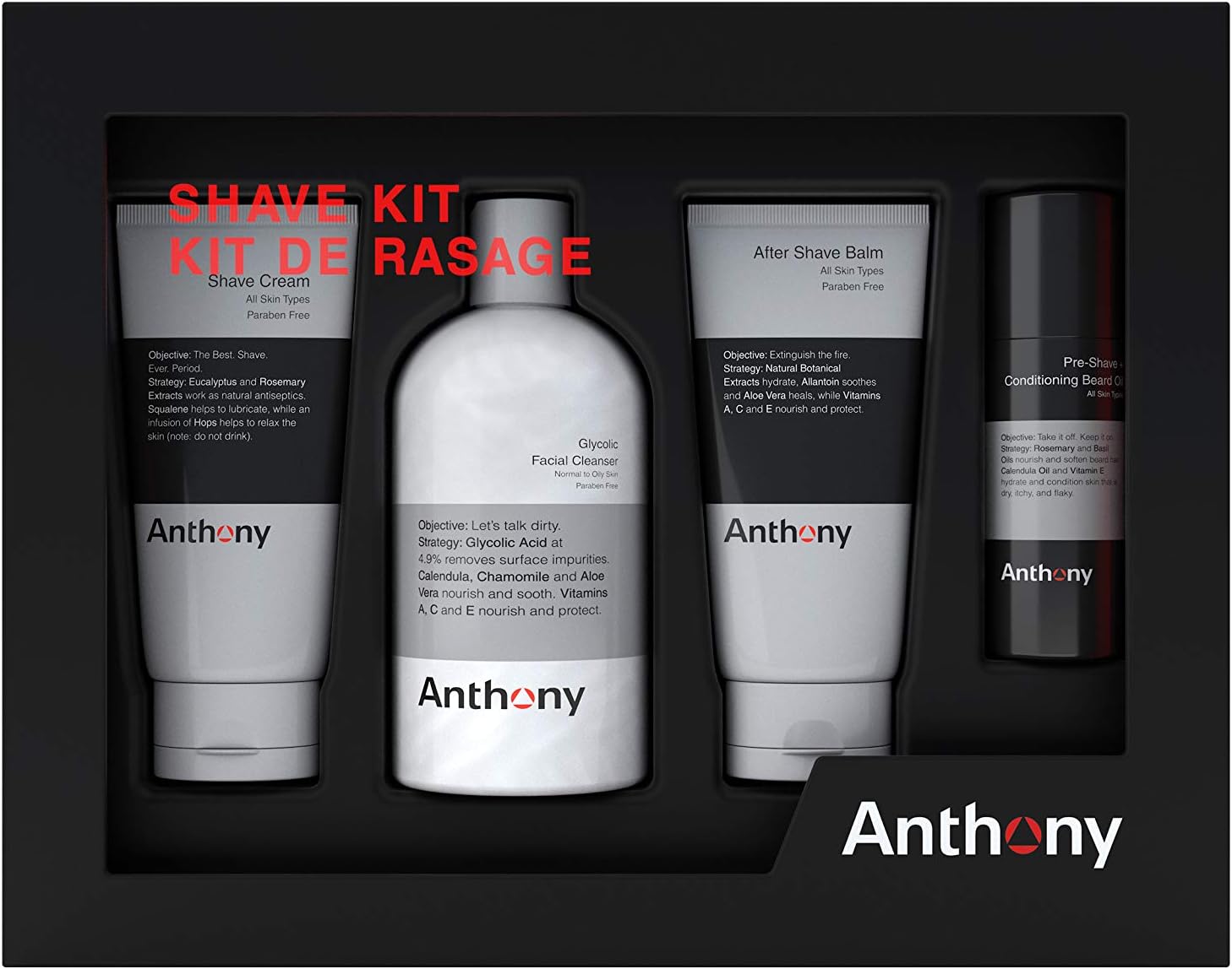 Anthony Shaving Kit - Essentials for a Clean Close and Better Shave - 4 Piece Kit, Black / White, 4 Count (Pack of 1)