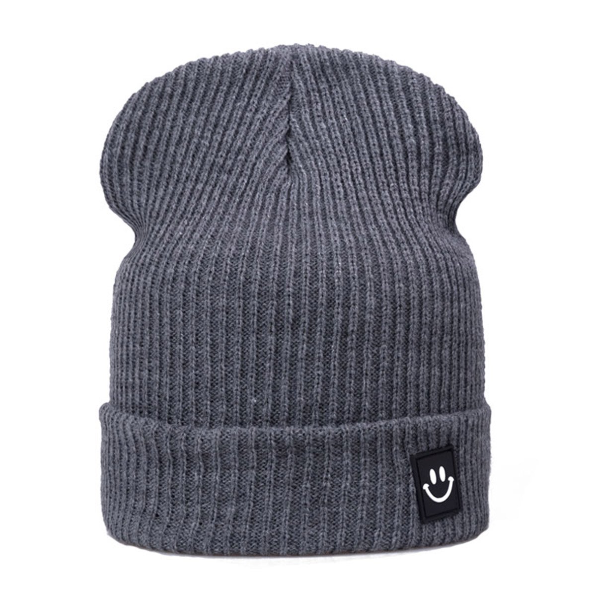 EVRFELAN Women Winter Hat Cuffed Plain Knit Beanie Cap Casual Knitted Warm Skullcap with Smile Face(Gray)