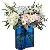 MyGift Modern Fluted Ocean Blue Glass Vase – Artistic Organic Wavy Design Decorative Flower Vase for Tabletop, Shelf, or Centerpiece Display