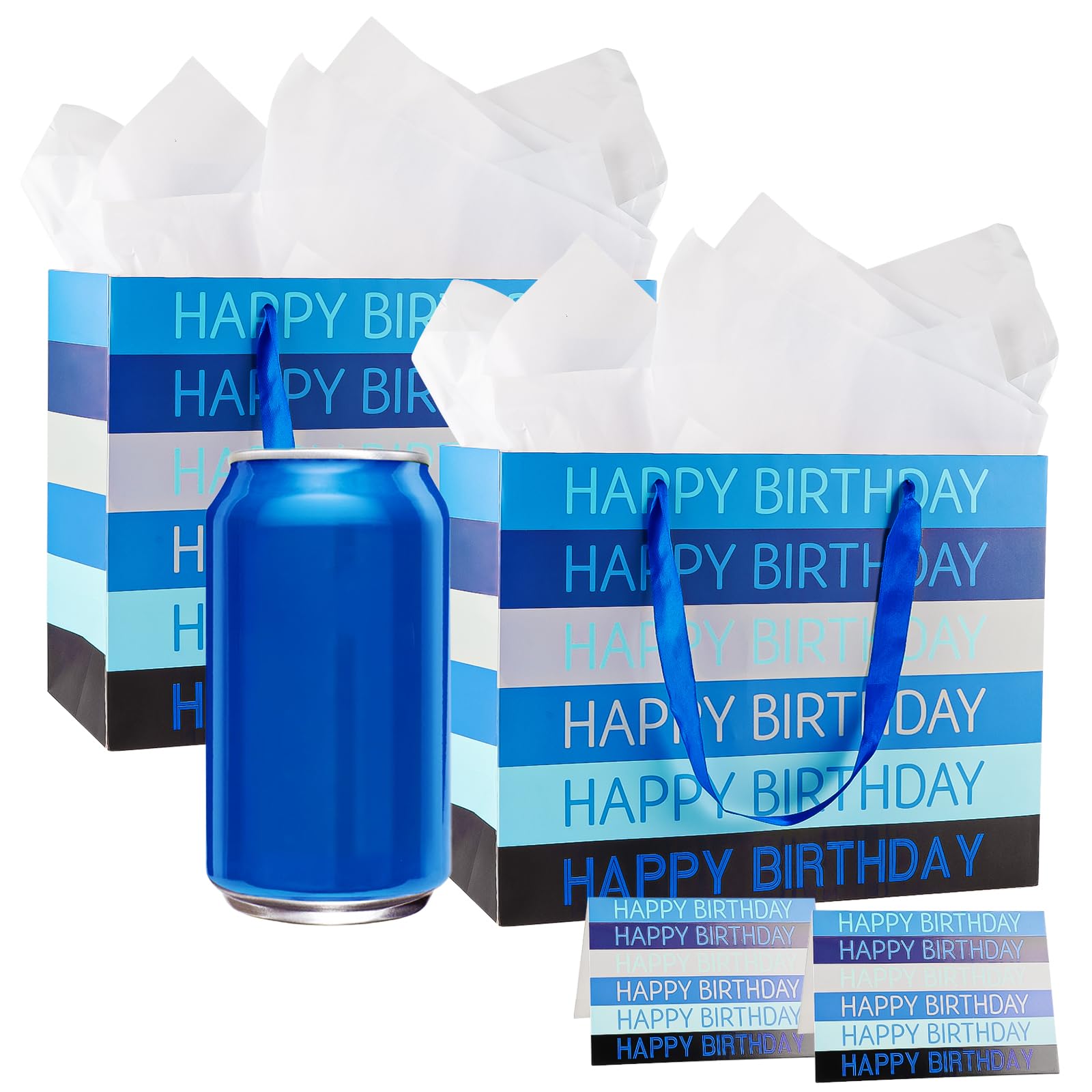 Photo 1 of 2 Pack Premium Blue 6" Small Happy Birthday Gift Bags Set with Tissue Paper and Greeting Cards Present Bags Perfect for Men Boy Kids Anniversary Birthday Party Celebrations