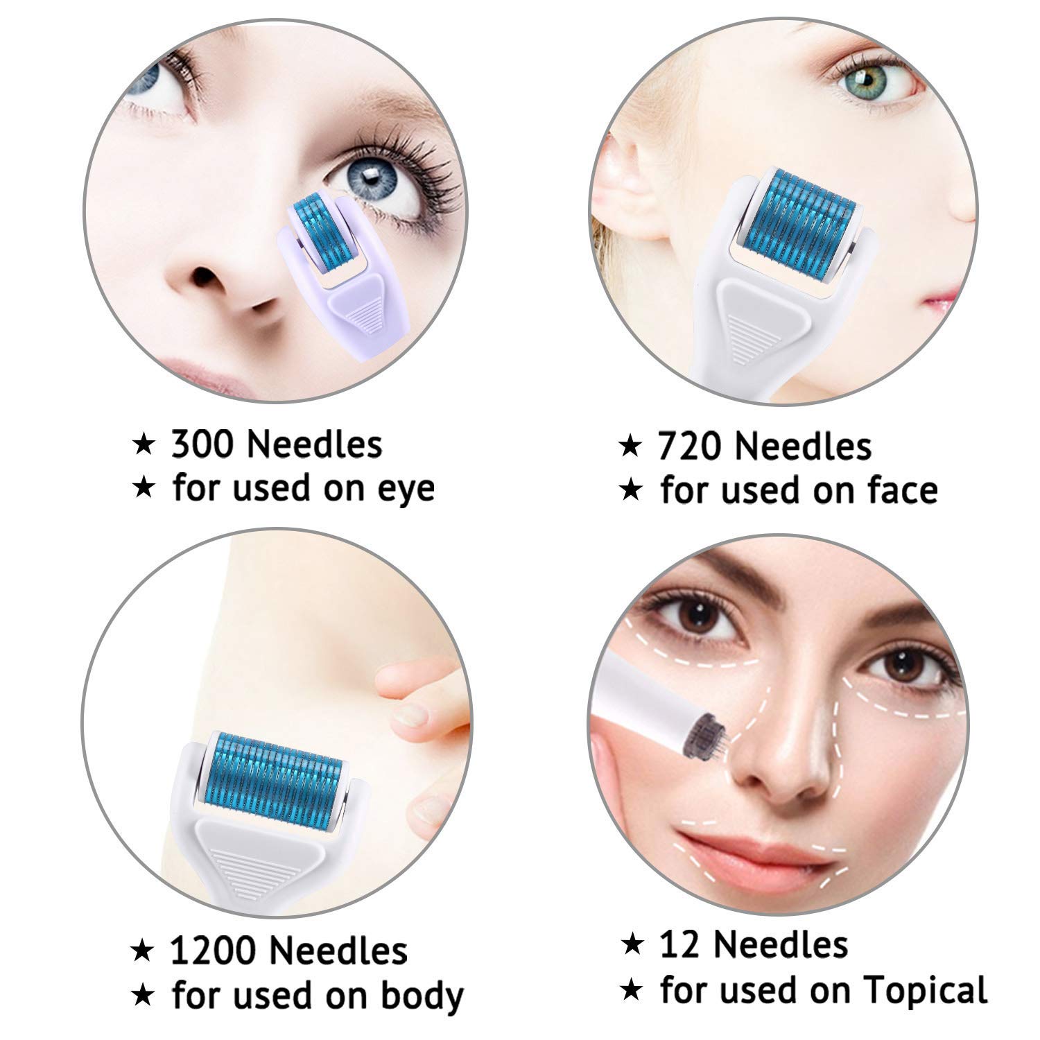 6 in 1 Microneedle Derma Roller .25mm Kit for Face and Body - 300/720/1200 Titanium Dermaroller Micro Needle Facial Roller