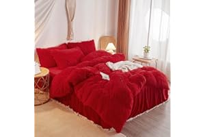 HAIHUA Red Fluffy Twin Comforter Cover Set，Faux Fur Red Girls Bedding 1 Pieces (1 Plush Twin Duvet Cover) Fluffy Bed Sets Twin (Red, Twin)