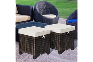 HAPPYGRILL 2-Piece Patio Ottoman Set Outdoor Rattan Wicker Ottoman Seat with Removable Cushions Patio Furniture Footstool Footrest Seat