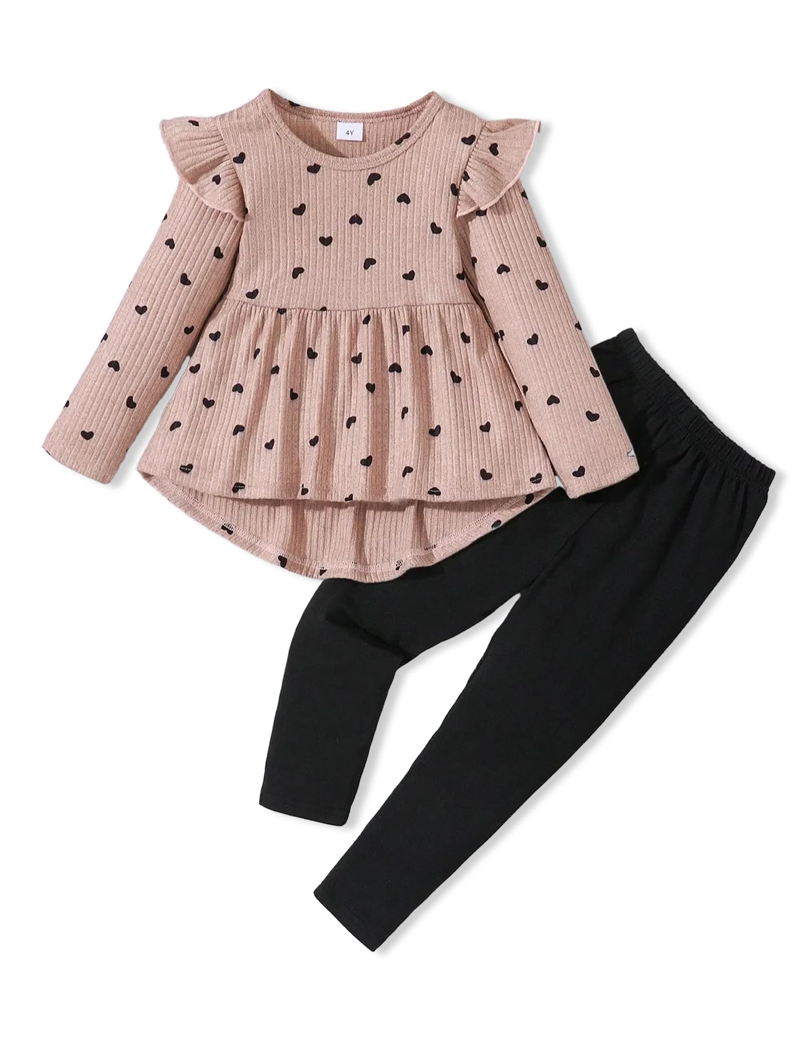 Photo 1 of Girl Clothes Size 6-7 Years Girls 2 Piece Outfits Kid Fall Outfit Ruffle Long Sleeve Shirt Top Floral Allover Pants Fashion 5-6 Years Old Winter Clothing Set 2Pcs Apricot Heart