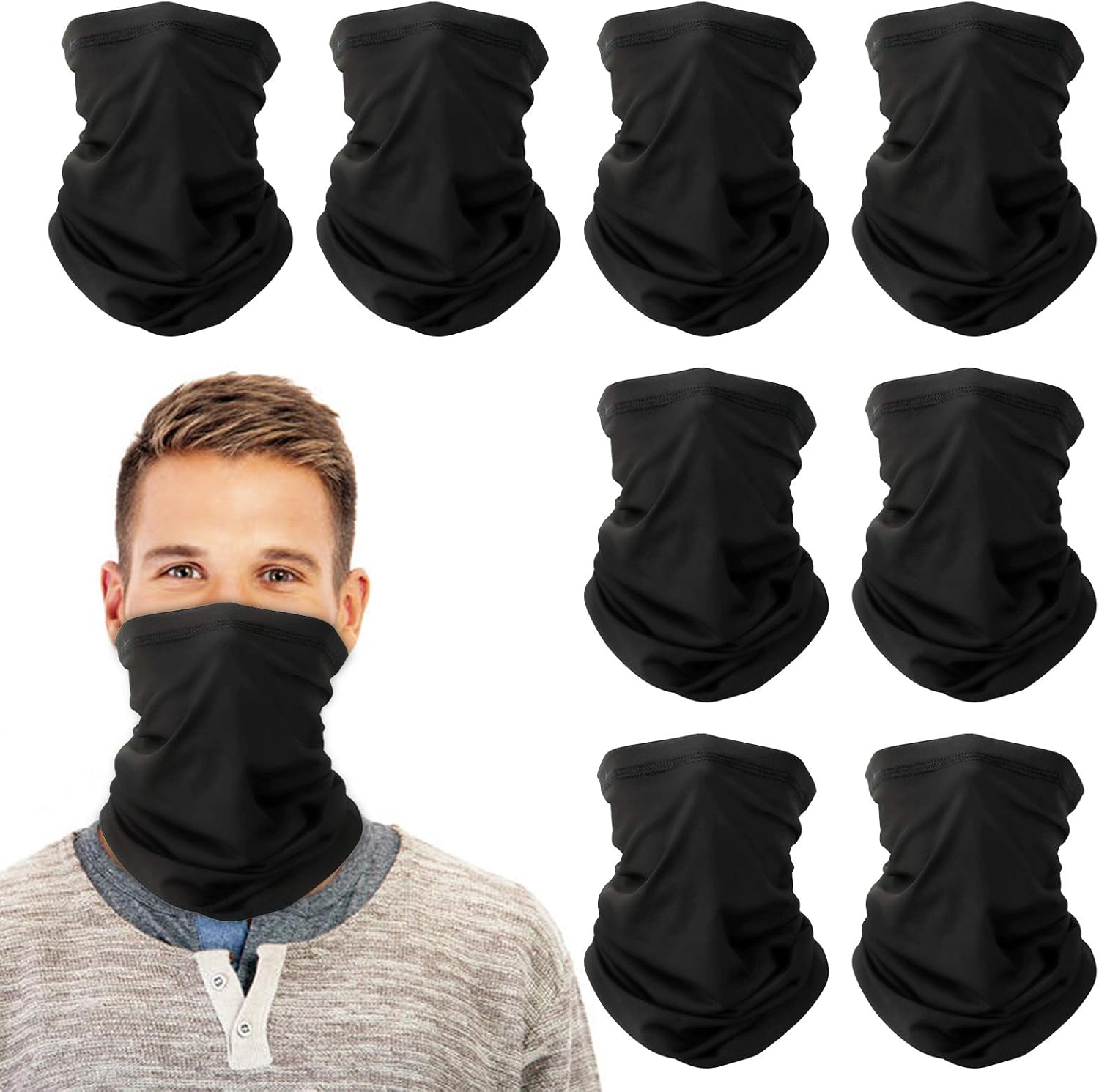 [8 Pack] Sun UV Protection Neck Gaiter - Seamless Reusable Unisex Face Mask Scarf Balaclava Black: Clothing