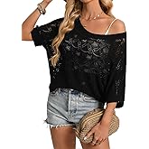 GRACE KARIN Womens Crochet Hollow Out Tops Off Shoulder Boho Knit Sweater Short Sleeve Summer Beach Vacation Outfits
