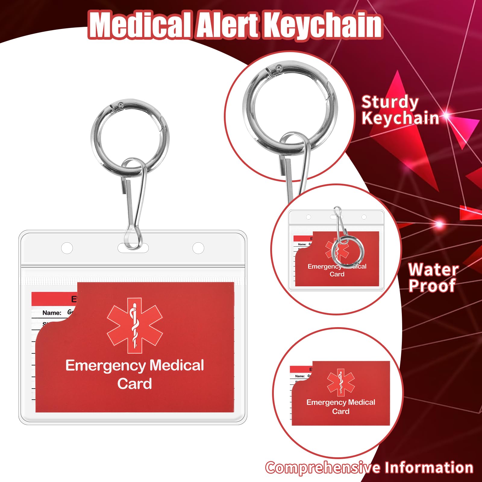 4 Pack Medical Alert Keychain Emergency Medical Information Id Card Emergency Contact Card Wallet with Resealable Badge Holder for Caretakers (Red Keychain)