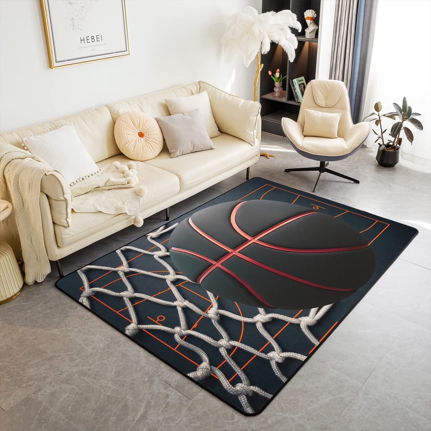 Loussiesd Basketball Floor Mat Home Decor Durable Indoor Entry Rug Sports Theme Basketball Court Welcome 3D Ball Pattern Rugs for Living Room Bedroom Soft Carpet Livingroom Entryway 150 * 200cm
