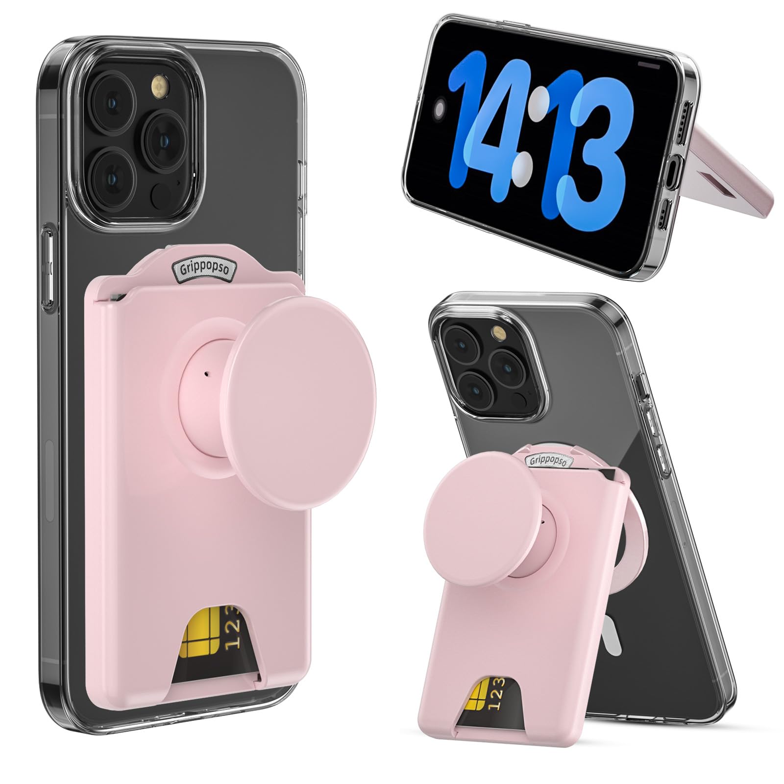 for MagSafe Wallet Stand, Magnetic Wallet Stand Adjustable, Phone Stand Card Holder with Secure Grip, for Samsung S25 S24 S23 Series and for iPhone 17 16 15 14 13 12 Series, Fit 3 Cards, Pink