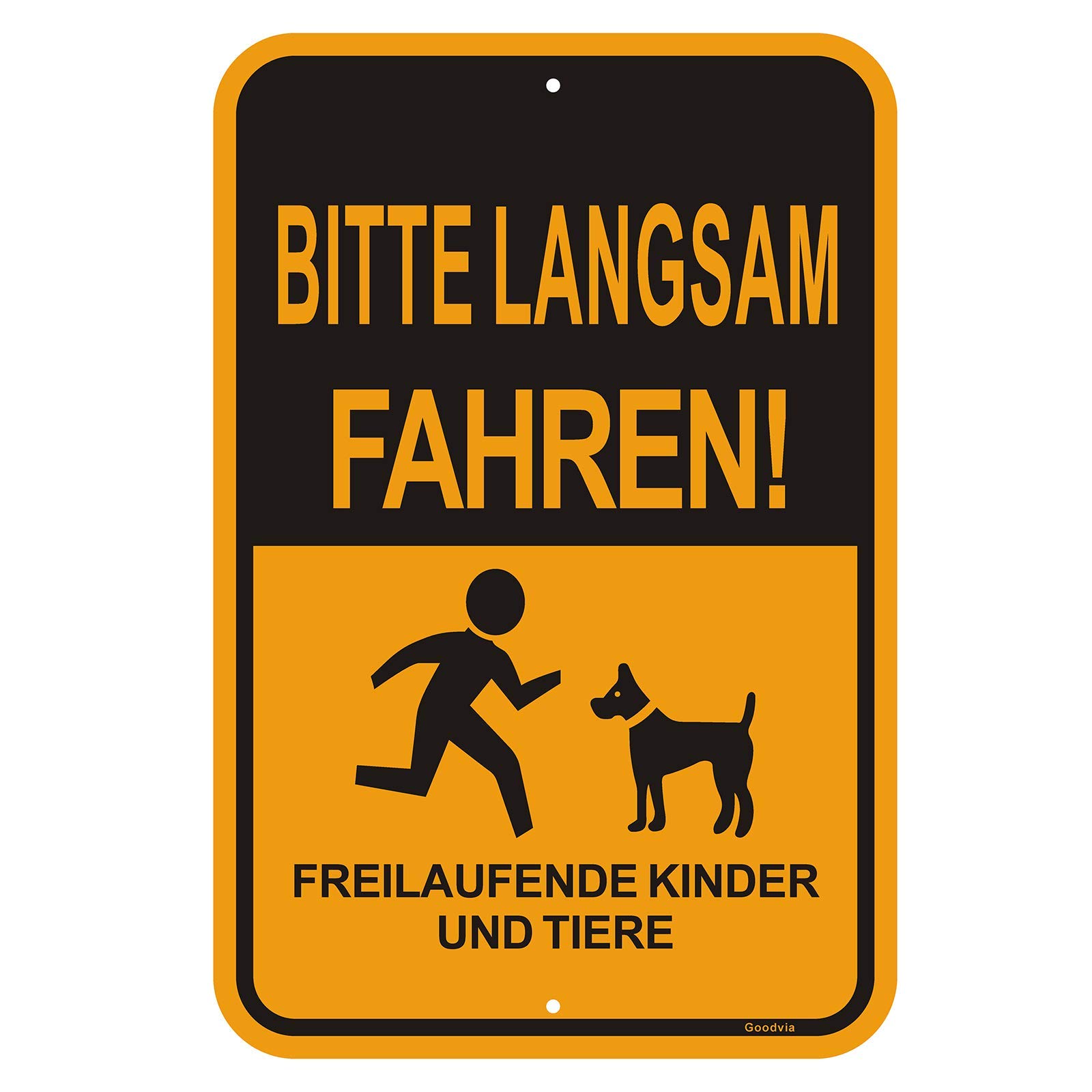 Goodvia Achtung Kinder Und Tiere Schild (45 * 30 cm Aluminium) - Warnschild Spielende Kinder - Bitte Langsam Fahren - Wetterbeständig, Wasserdicht, Haltbare Tinte, Einfach zu Montieren