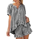 PEHMEA 2 Piece Gingham Pajama Sets for Women Summer Outfits 2026 Plaid Babydoll Shirt Ruffle Shorts Lounge Pjs