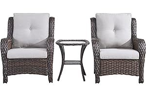 Rilyson Patio Bistro Set Wicker Chairs - 3 Piece Outdoor Rattan Conversation Set with 2 Armrest Chair and 1 Side Table for Proch Deck Garden Backyard Balcony(Brown/Beige)
