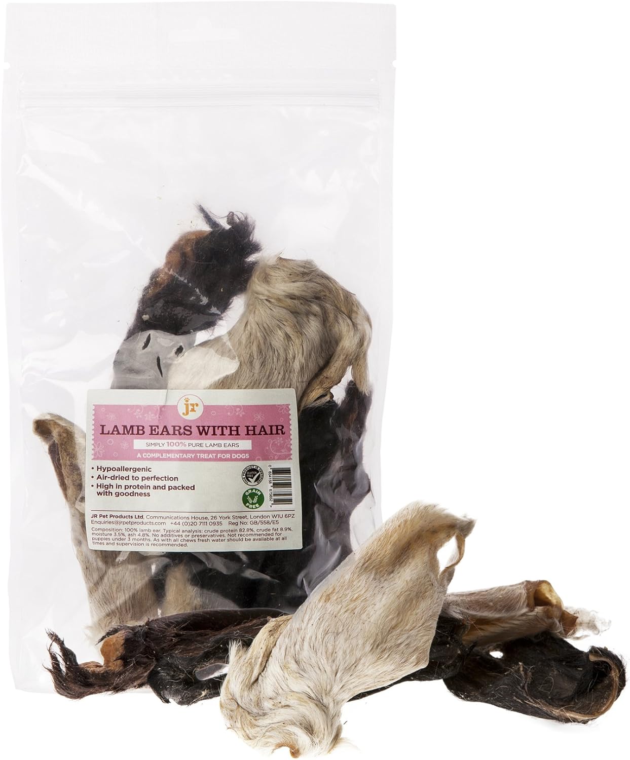 JR Pet Products 100g Lamb Ears With Hair Natural Hypoallergenic Dog Treat Chew Supplied, 100 g (Pack of 1)