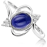 925 Sterling Silver Lapis Lazuli Ring Oval 6x8mm – Rhodium Plated Bezel with 6 Cubic Zirconia Side Stones �� Natural Gemstone Cabochon Jewelry