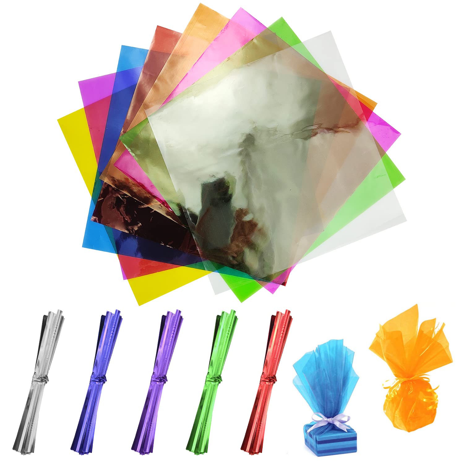200 Pcs Colored Cellophane Sheets with 200Pcs Twist Ties Cello, 7.5x7.5 Inch Coloured Cellophane Sheet Cello Wrap Transparency Film for DIY Arts Crafts Candy Packaging