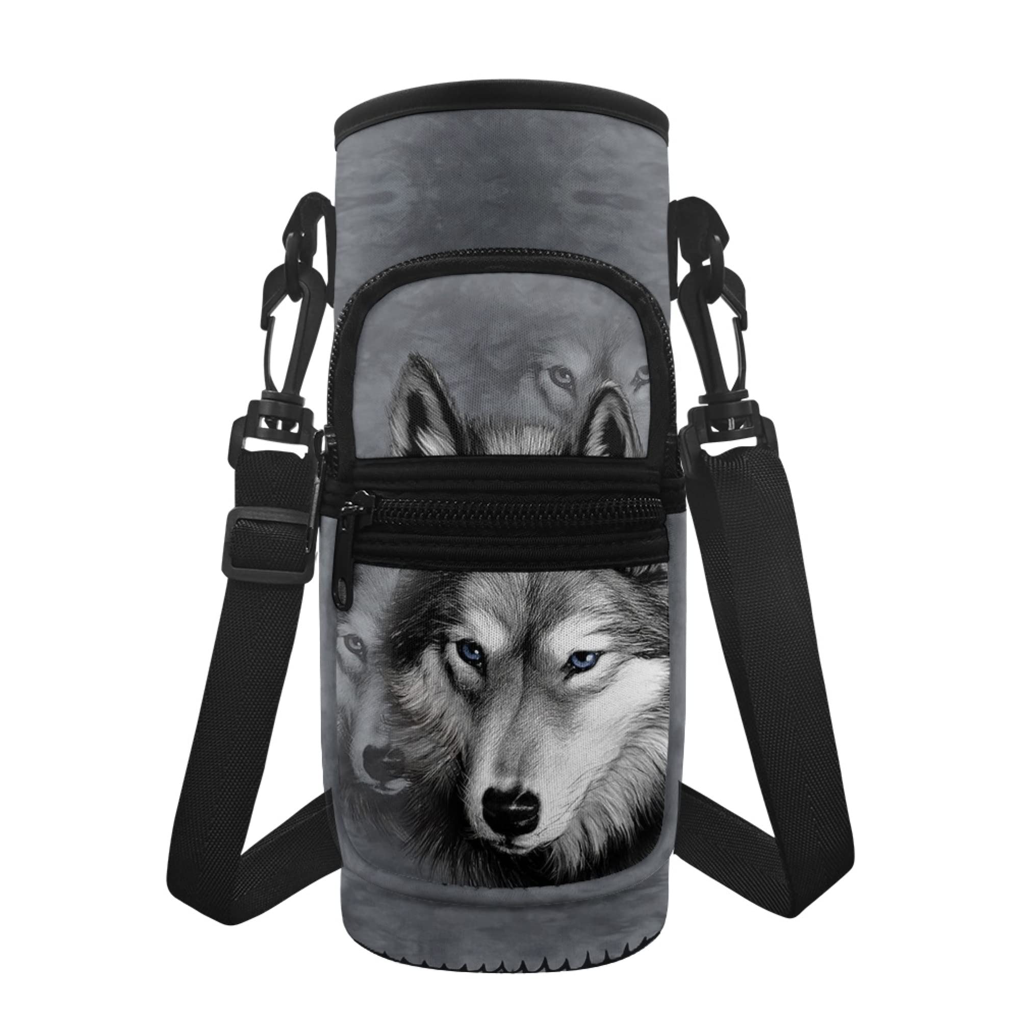 chaqlin Animal Wolf Water Bottle Carrier Bags for Women Men,Grey Wolf Water Bottle Holder Sports Water Bottle Cover Bags Insulated Crossbody Pocket Bag for Kids Adult