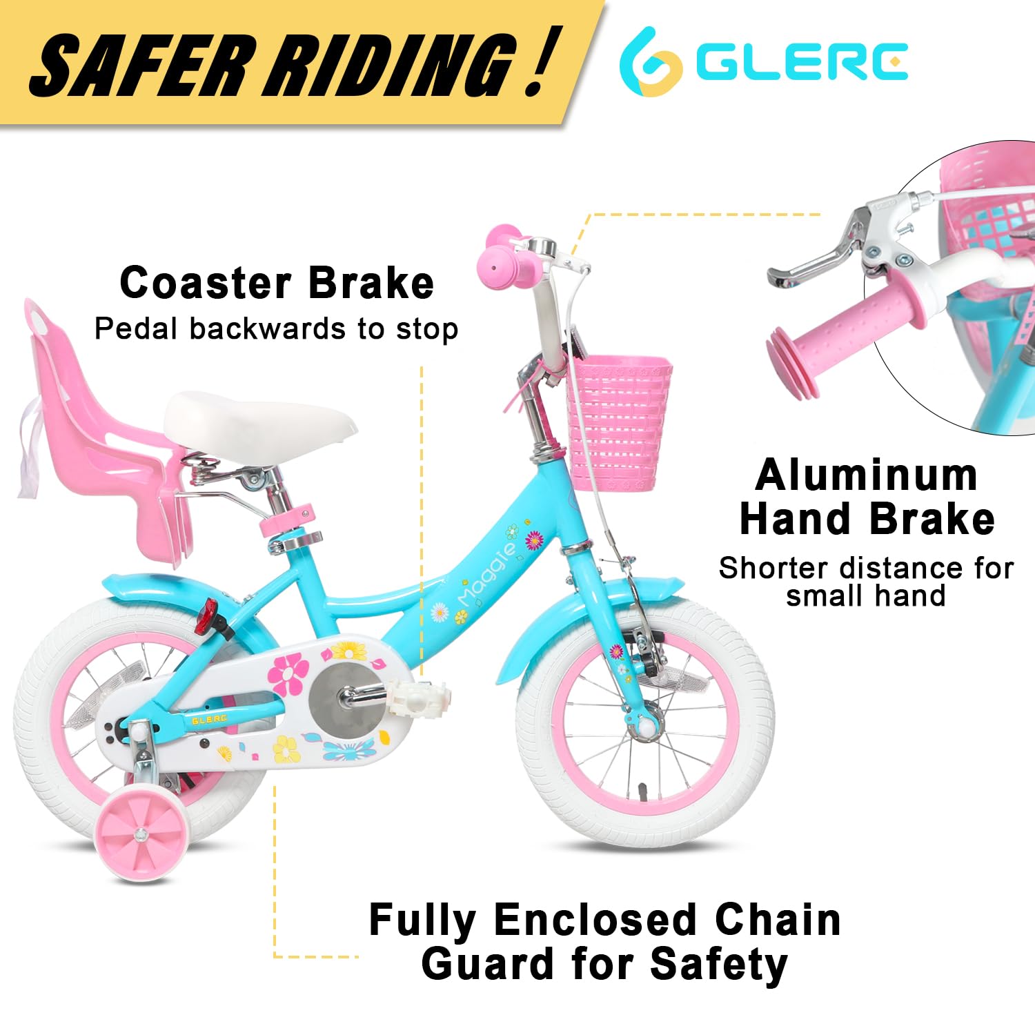 Maggie Girls Bike, 12-20 Inch Kids Bike for 2-13 Years Old Children, Princess Style Kids Bicycle with Doll-Seat & Basket & Training Wheels, Multiple Colors