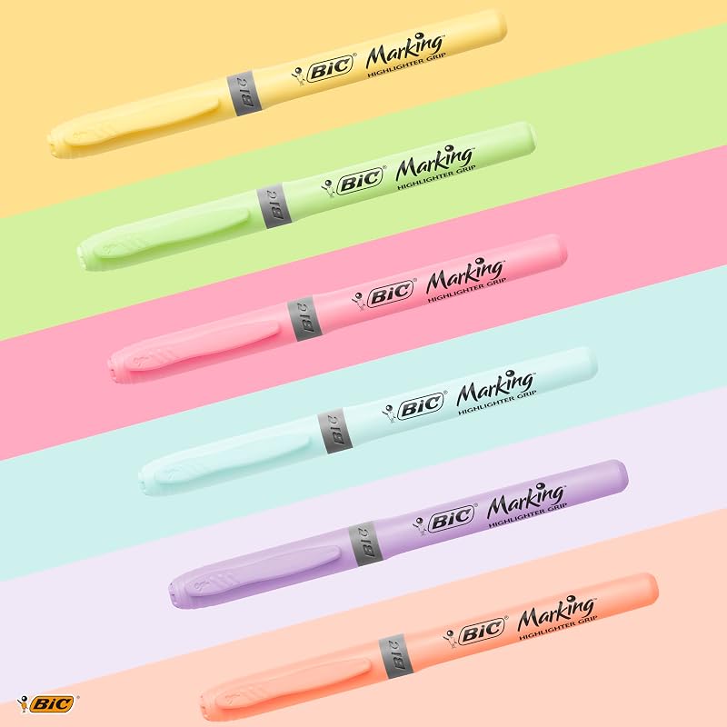 Marcadores de ponta de cinzel ajustável pastel grip bic - cores sortidas, pacote com 6 marcadores pastel, ideal para material escolar e de escritório