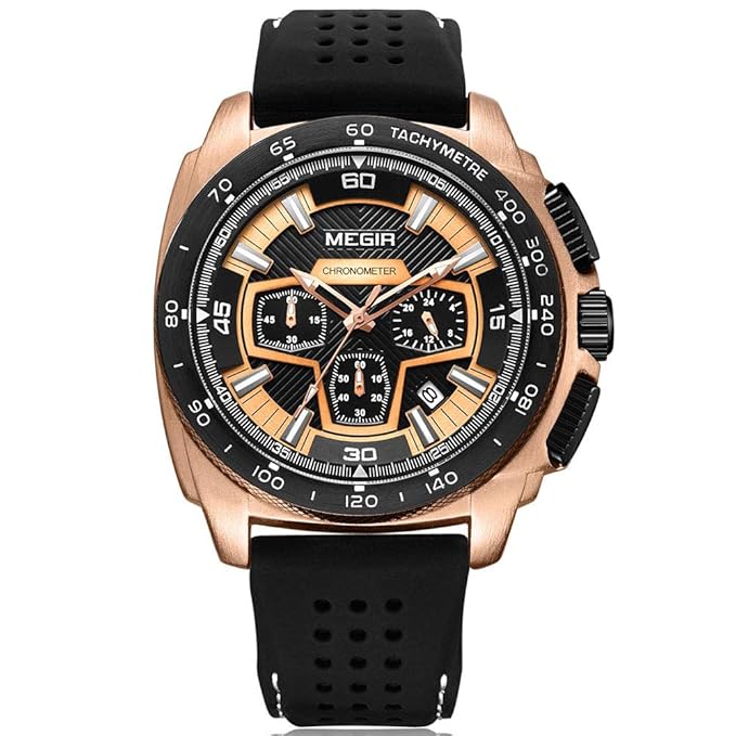 Megir Groß Armbanduhr Herren Uhren Luxus Rose Gold Militär Schwarz Silikonarmband mit Chronograph Kalender Wasserdicht XL