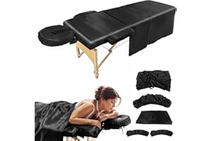 CAPHONT Upgrade Satin Massage Table Sheets Set 5 Piece, Includes Massage Table Cover, Massage Bed Armrests, Massage Table Fitted Sheet and Face Rest Cover, Silky, with Straps Fit Better - Black