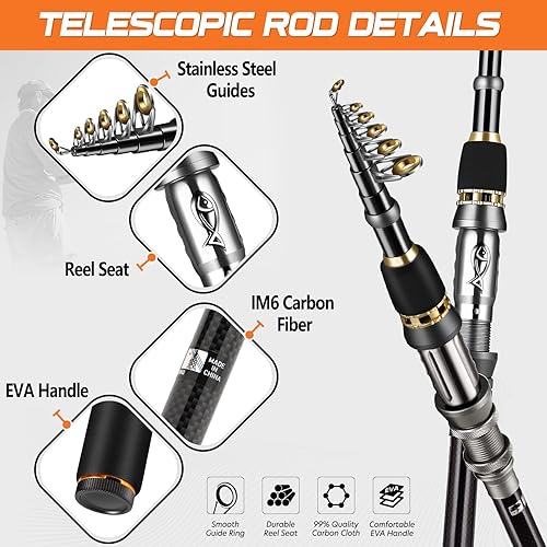 PLUSINNO Telescopic Fishing Rod and Reel Combos Full Kit, Carbon