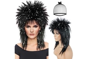 BESTBEL+Hair Cap 80's Long Silver Black Wig for Women Rocking Diva Wig Long Spiky Wig with Bangs Rocker Anime Funny Hair for Halloween Cosplay Womens Cosplay Outfit for Costume Party