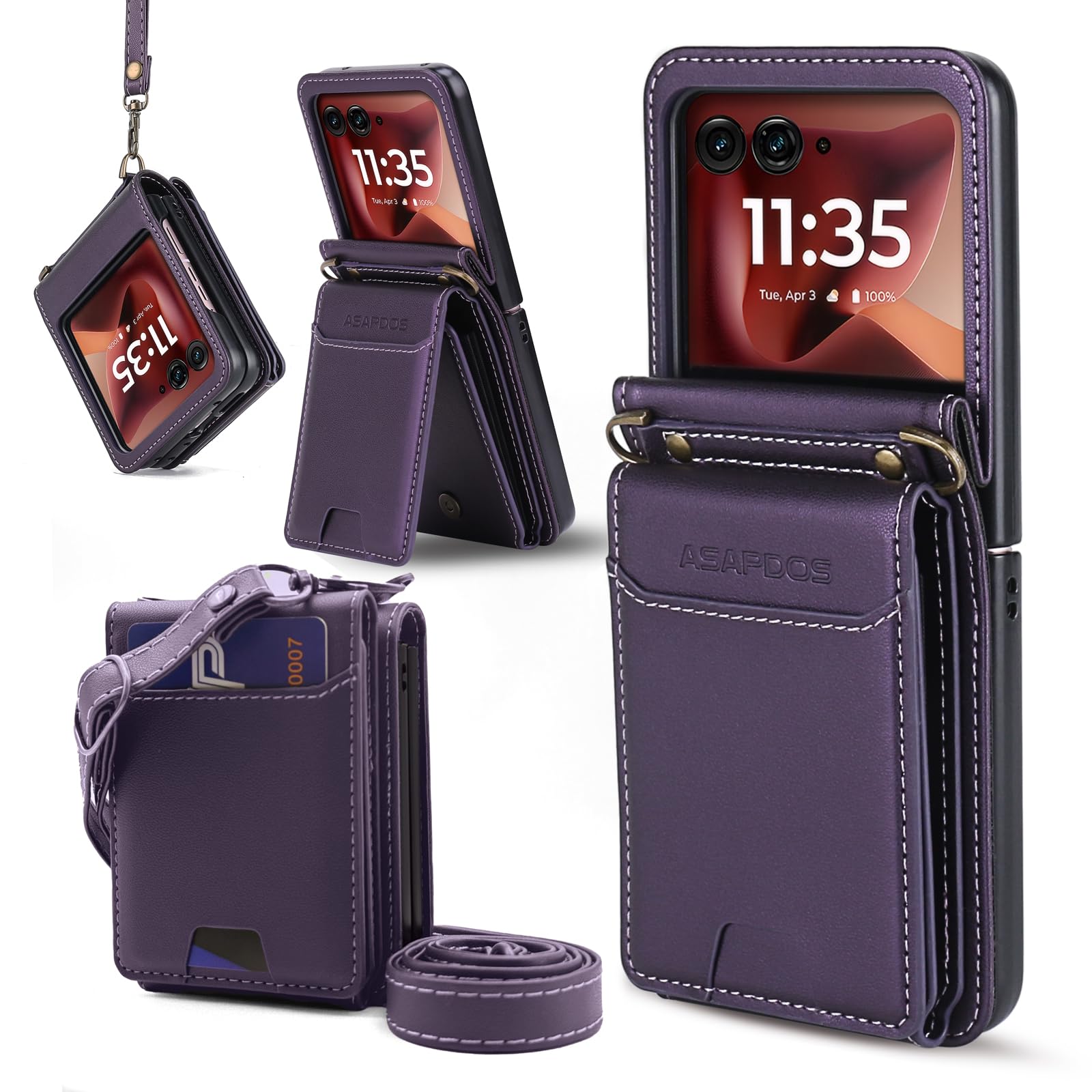 ASAPDOS for Motorola RAZR 2024/2025+ Plus PU Leather Wallet Phone Case with Card Slots (Holds 4-5 Cards), Anti-Drop Protection, Wrist & Shoulder Strap Purple