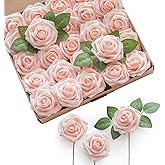 Ling's moment Artificial Flowers 25Pcs Pink Cream Roses Decor w/Stems,3" Real Touch DIY Foam Floral for Wedding Bouquet/Centerpieces, Outdoors Party Backdrop, Room/Table, and Garden/Pot Decorations