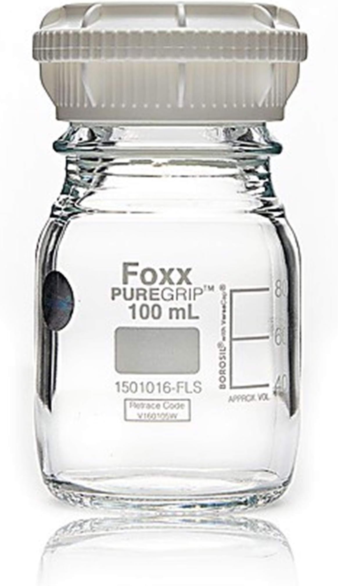 Foxx Life Sciences 1501016-FLS PUREGRIP Borosilicate Glass 3.3 Reagent Bottle with GL45 Screw Cap and Pouring Ring, Graduated, Clear, 100 ml Capacity (Pack of 10)